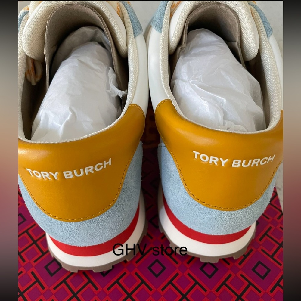 Tory Burch White Light Blue and Mustard Suede Trim Athletic Sneakers - Picture 9 of 9